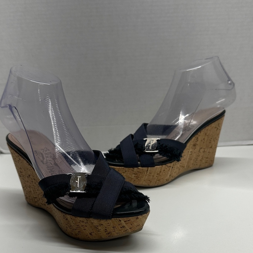 Salvatore Ferragamo Wedges High Heeled Sandals Shoes Frayed Ribbon Blue 6.5